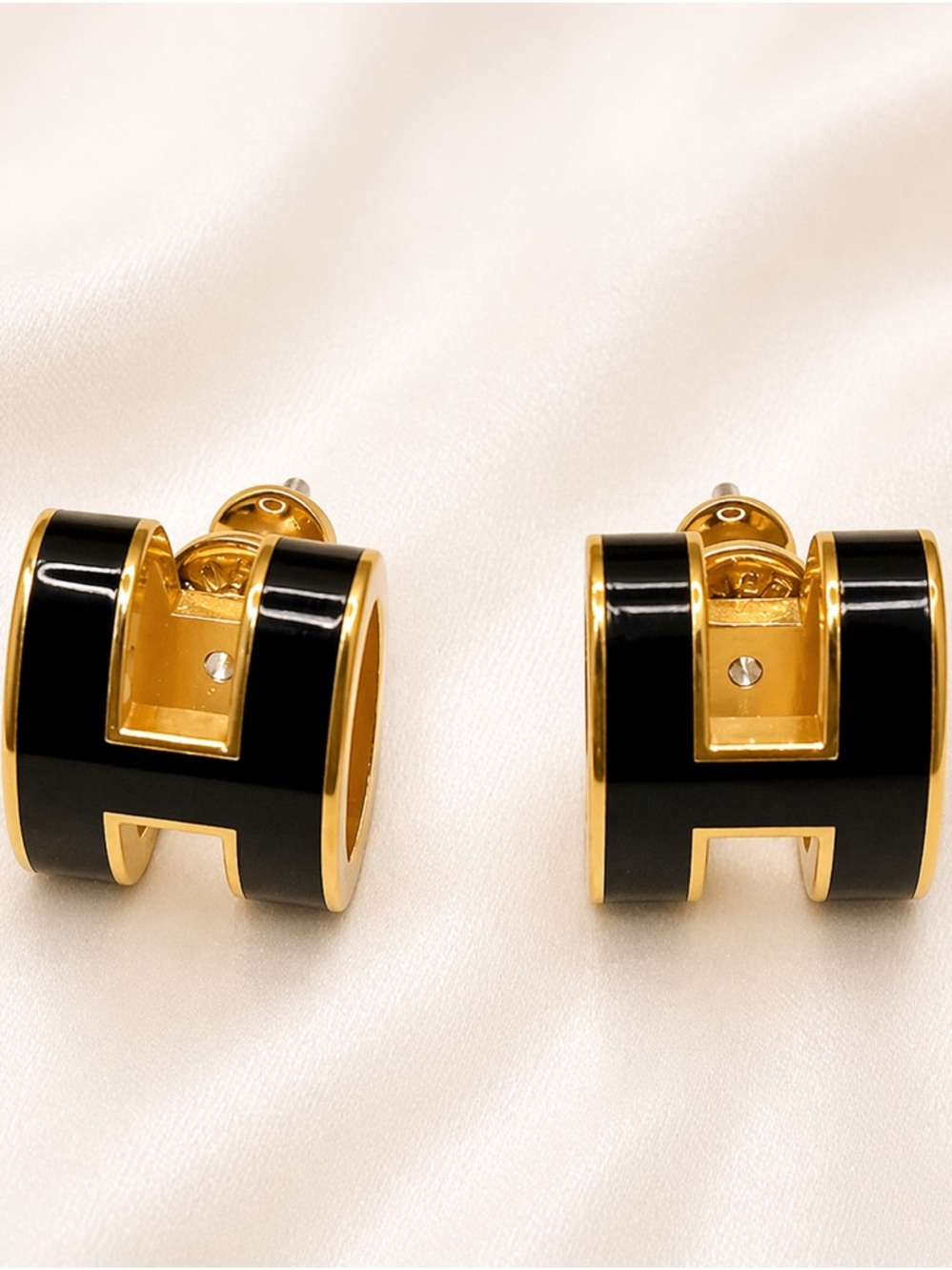 Hermes Black And Gold Pop H Piercing Earrings